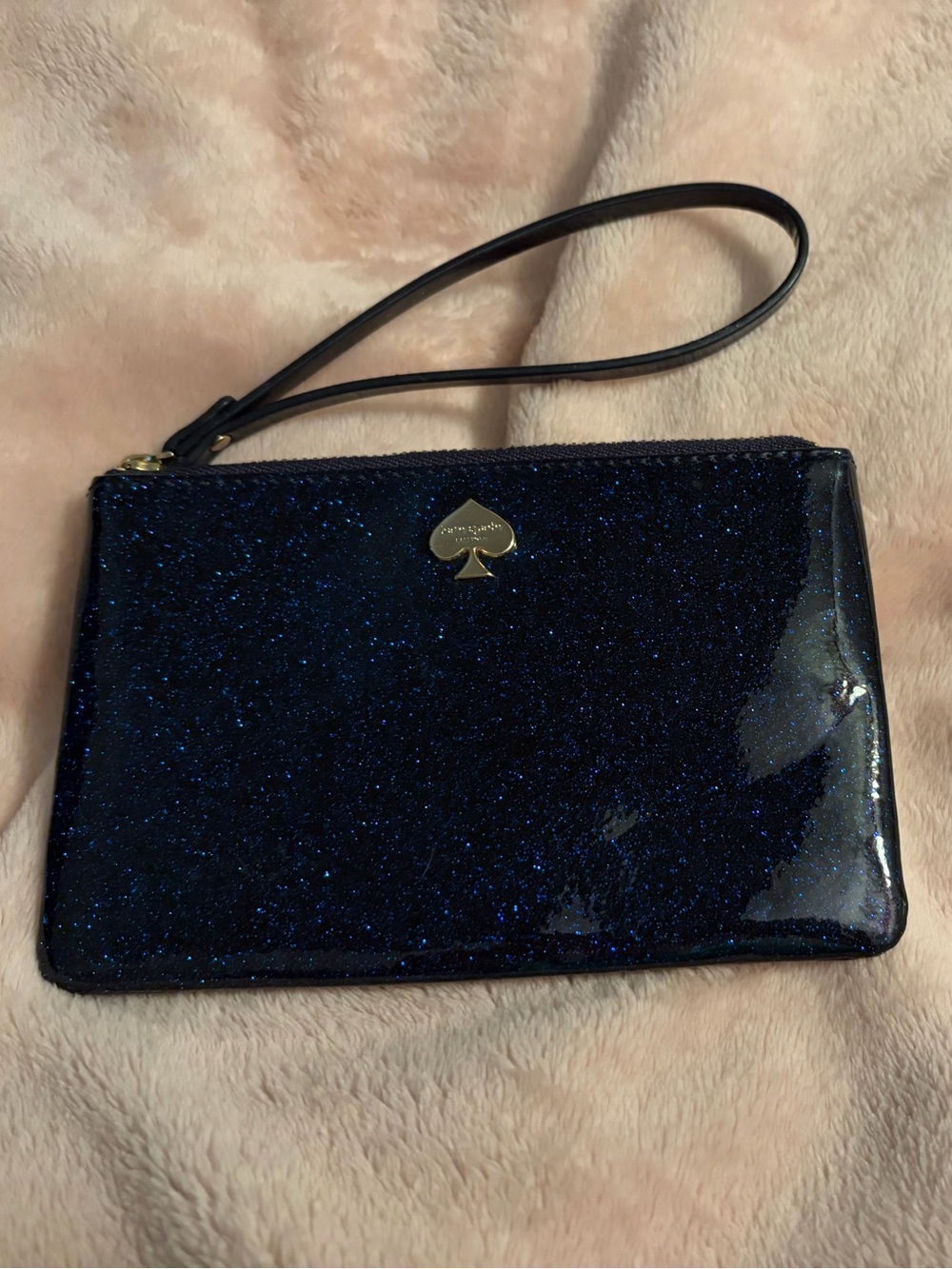 kate spade Navy Blue Glitter Wristlet Clutch with Gold Spade Logo